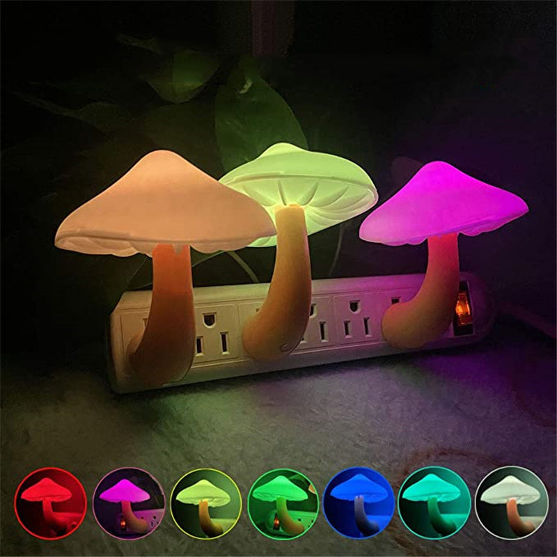 LED Night Light Mushroom Wall Socket Lamp EU US Plug Warm White Light-control Sensor Bedroom Light Home Decoration